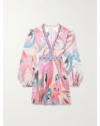 Etro - Pleated Crochet-Trimmed Printed Chiffon Mini Dress - Lyst