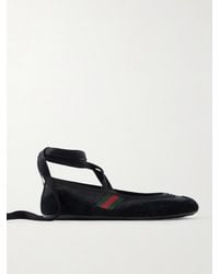 Gucci - Embellished Webbing-Trimmed Canvas And Suede Ballet Flats - Lyst