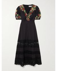 Saloni - Lea Lace-Trimmed Floral-Print Pintucked Cotton-Voile Midi Dress - Lyst