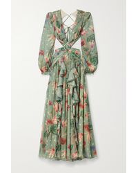PATBO Sophia Gerüschtes Maxikleid Aus Chiffon Mit Blumenprint, Verzierung Und Cut-outs - Grün