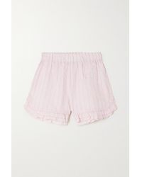 Ganni Ruffled Striped Organic Cotton-seersucker Pajama Shorts - Pink