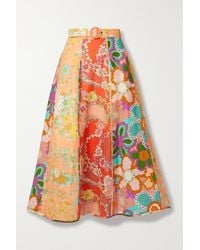 Zimmermann Lola Belted Panelled Floral-print Linen Midi Skirt - Orange
