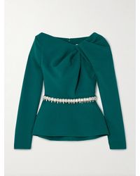 Safiyaa - Manya Belted Draped Crystal-Embellished Stretch-Crepe Peplum Blouse - Lyst