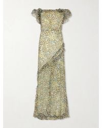Saloni - Nina Off-The-Shoulder Ruffled Printed Silk Gown - Lyst