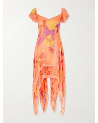 Donde Esteban - Guava Flores Ruffled Asymmetric Lace-Trimmed Silk-Chiffon Midi Dress - Lyst