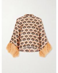 La DoubleJ - Make An Exit Feather-Trimmed Printed Silk-Twill Top - Lyst