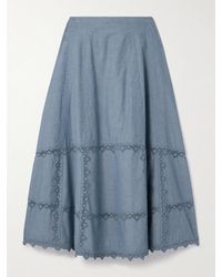 Ulla Johnson - Lucia Midirock Aus Baumwoll-Chambray Mit Mesh-Einsätzen Und Stickereien - Lyst