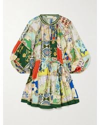 ALÉMAIS - Mini-Robe En Voile De Coton Et De Soie Mélangés Imprimé À Fronces Et À Ceinture Bianca - Lyst