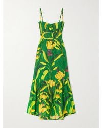 FARM Rio - Banana Aquarela Pleated Printed Swiss-Dot Linen Midi Dress - Lyst