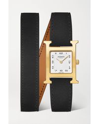 Hermès Heure H 25 Mm Kleine Vergoldete Uhr Mit Lederarmband - Schwarz