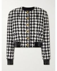 Balmain - Button-Embellished Faux Patent Leather-Trimmed Houndstooth Tweed Jacket - Lyst
