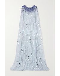 Jenny Packham Cape-effect Embellished Tulle Gown - Blue