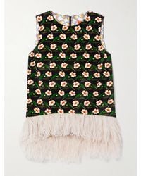 La DoubleJ - La Scala Asymmetric Feather-Trimmed Floral-Print Cotton-Velvet Top - Lyst