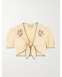 Valentino Garavani - Cropped Embroidered Polka-Dot Silk-Trimmed Canvas Top - Lyst