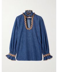 Valentino Garavani - Embroidered Ruffled Embellished Chambray Top - Lyst