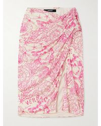 Versace - Wrap-Effect Draped Printed Silk-Satin Skirt - Lyst