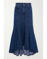 Alexander McQueen Paneled Pleated Denim Midi Skirt - Blue