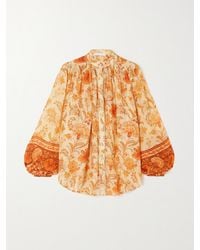 Zimmermann - Junie Bluse Aus Ramie Mit Raffungen, Blumenprint Und Verzierungen - Lyst