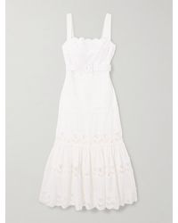 Self-Portrait - Belted Guipure Lace-Paneled Linen And Cotton-Blend Midi Dress - Lyst