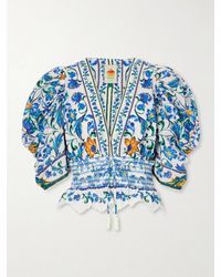 FARM Rio - Flora Tile Shirred Floral-Print Cotton-Poplin Blouse - Lyst