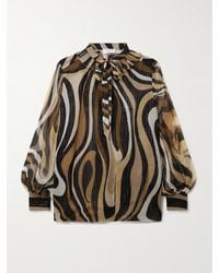 PUCCI - Ruffled Metallic Silk-Blend Crepon Pussy-Bow Blouse - Lyst