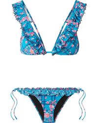 Anjuna Bedruckter Triangel-bikini Mit Rüschen Und Häkelbesatz - Blau