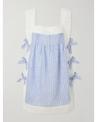 Loretta Caponi - Fiocchini Bow-Embellished Striped Broderie Anglaise-Trimmed Linen Mini Dress - Lyst