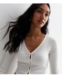 New Look - Pointelle Knit Cropped Cardigan - Lyst