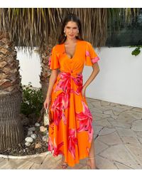 AX Paris - Floral Print V Neck Cut Out Knot Detail Midi Dress New Look - Lyst