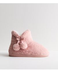 New Look - Pom Pom Faux Fur Ankle Boot Slippers - Lyst