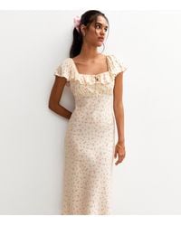 New Look - Cream Ditsy Print Square Neck Frill Trim Midi Dress - Lyst