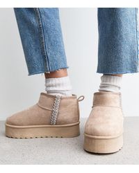 New Look - Off Suedette Faux Fur Lined Woven Trim Flatform Boots Vegan - Lyst