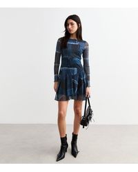 New Look - Denim Print Tie Back Mesh Mini Dress - Lyst