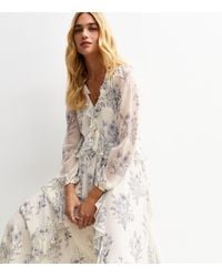 New Look - Floral Print Ruffle Trimmed Chiffon Midi Dress - Lyst
