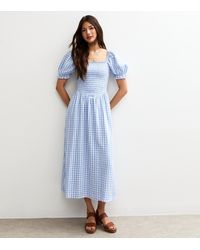 New Look - Gingham Print Shirred Top V Waist Midi Dress - Lyst