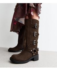 New Look - Buckled Faux Suede Knee High Boots Vegan - Lyst