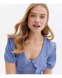New Look Ribbed Frill Collar Puff Sleeve Top - Blue