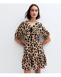New Look - Leopard Print Tie Collar Mini Dress - Lyst