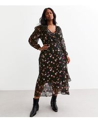New Look - Plus Size Floral Print Chiffon Wrap Midi Dress Curves - Lyst