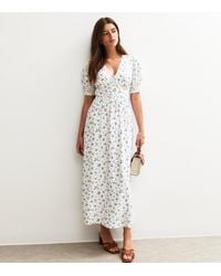 New Look - Cream Floral Print Tie Front Midi Dress - Lyst