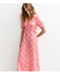 New Look - Check Print Ruffle Front Satin Midi Dress - Lyst