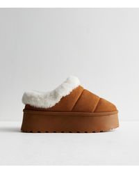 New Look - Truffle Faux Fur Trim Slipper Boots - Lyst