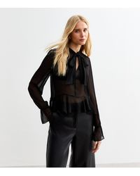 New Look - Chiffon Tie Neck Peplum Blouse - Lyst