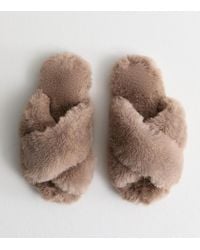 New Look - ' Crossover Faux Fur Mule Slippers - Lyst