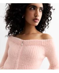 New Look - Fluffy Zip Front Bardot Jumper - Lyst