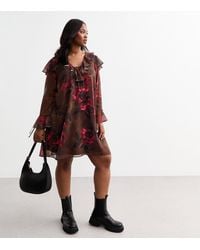 New Look - Plus Size Rose Print Ruffle Trim Long Sleeve Mini Dress Curves - Lyst