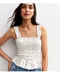 New Look - Floral Print Shirred Peplum Hem Top - Lyst