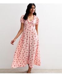 New Look - Floral Print Ruffle Trim Midi Tea Dress - Lyst