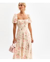 New Look - Floral Print Puff Sleeve Midi Dress - Lyst