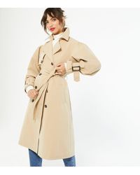 New Look Stone Puff Sleeve Belted Trench Coat - Natural
